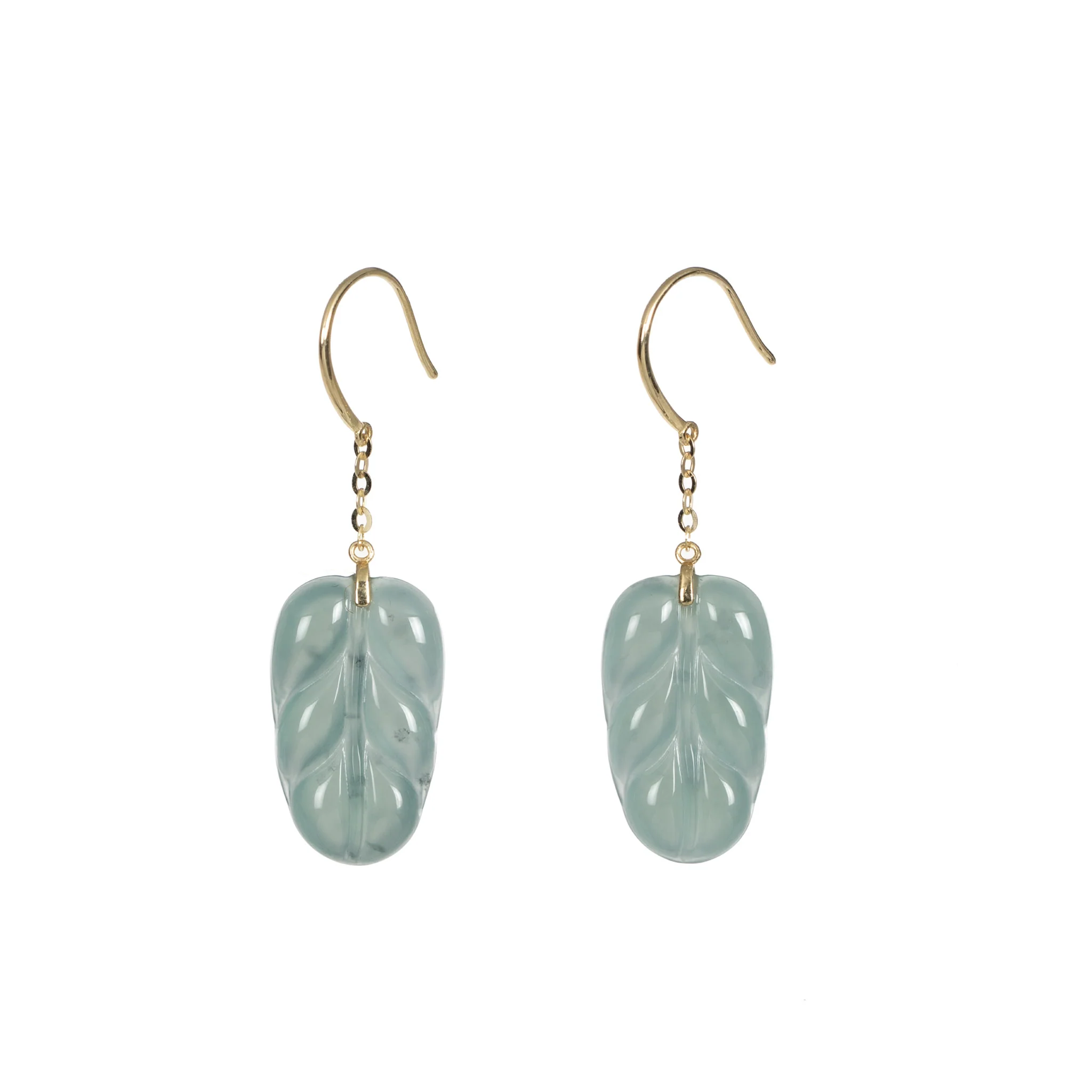 Whispering Leaf Jadeite Earrings – Light Green Jade in 18K Yellow Gold